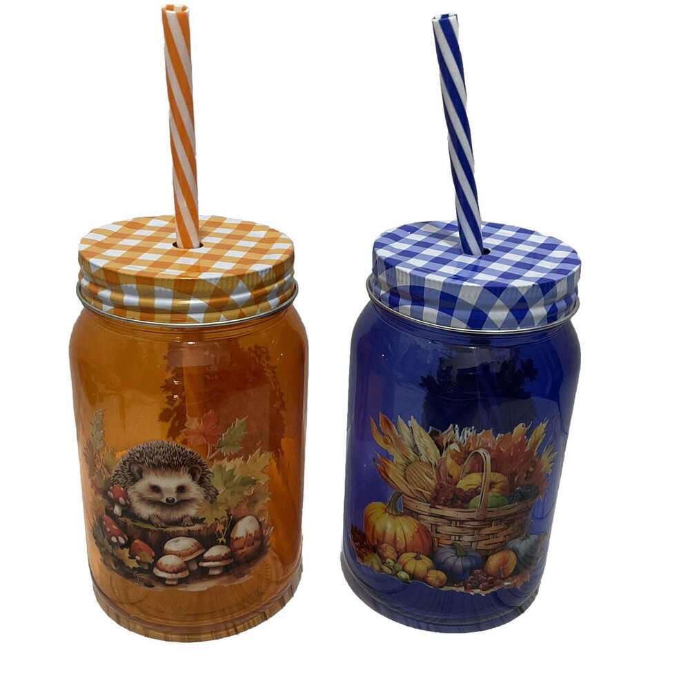 Fall Woodland Glass Tumblers with Lids Straws 16oz Set of 2 Hand Decal Cups